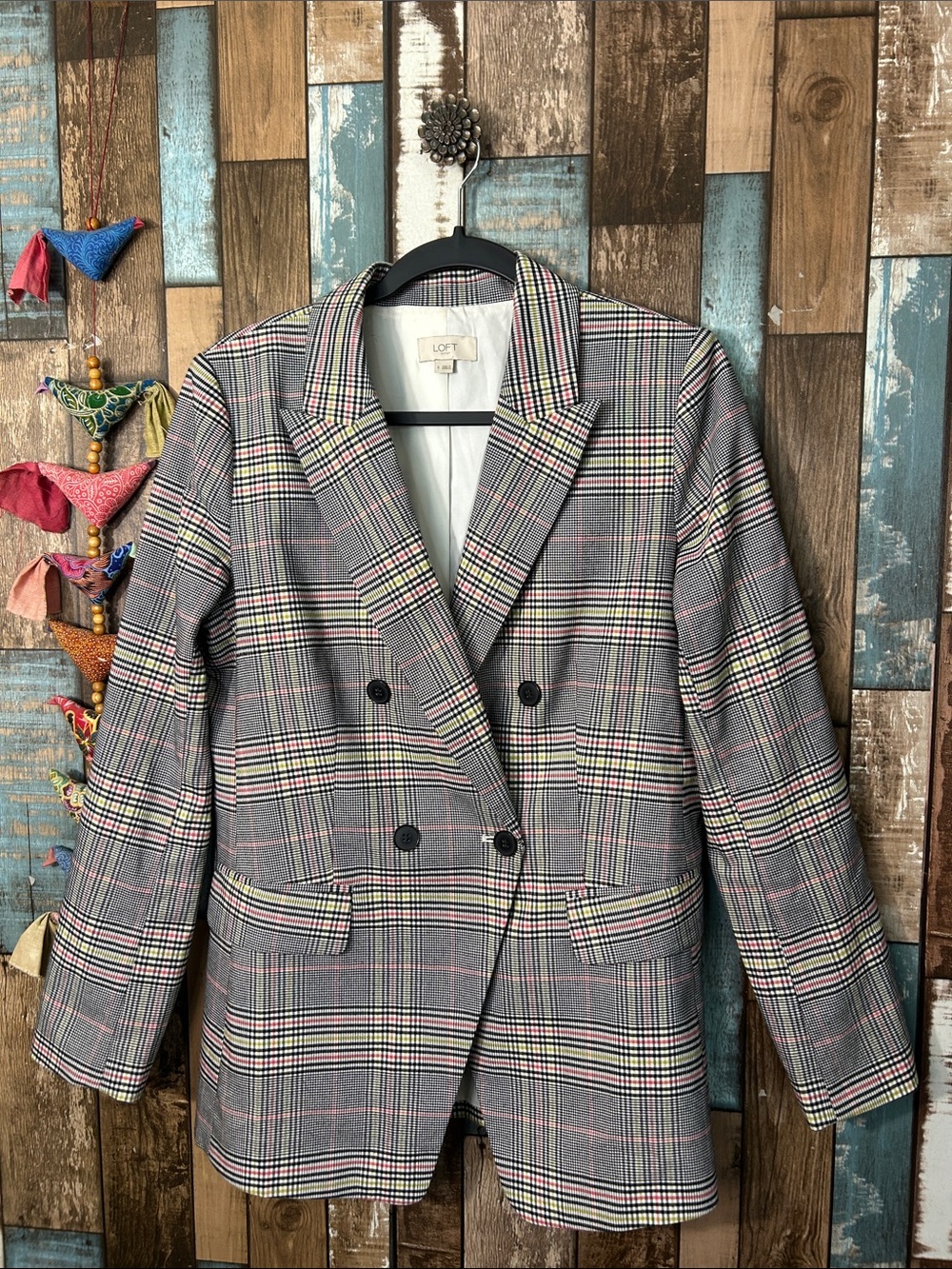 LOFT Gray Plaid Double-Breasted Blazer with Pink and Cream Windowpane